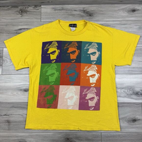 VTG Y2K Tupac Memorial Rap Shirt Men's Large Yellow Gradient Warhol Art Tee 2pac - Picture 1 of 6